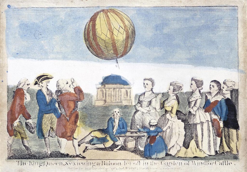 Le roi et la reine regardent un ballon lâché dans un jardin du château de Windsor le 26 novembre 1783